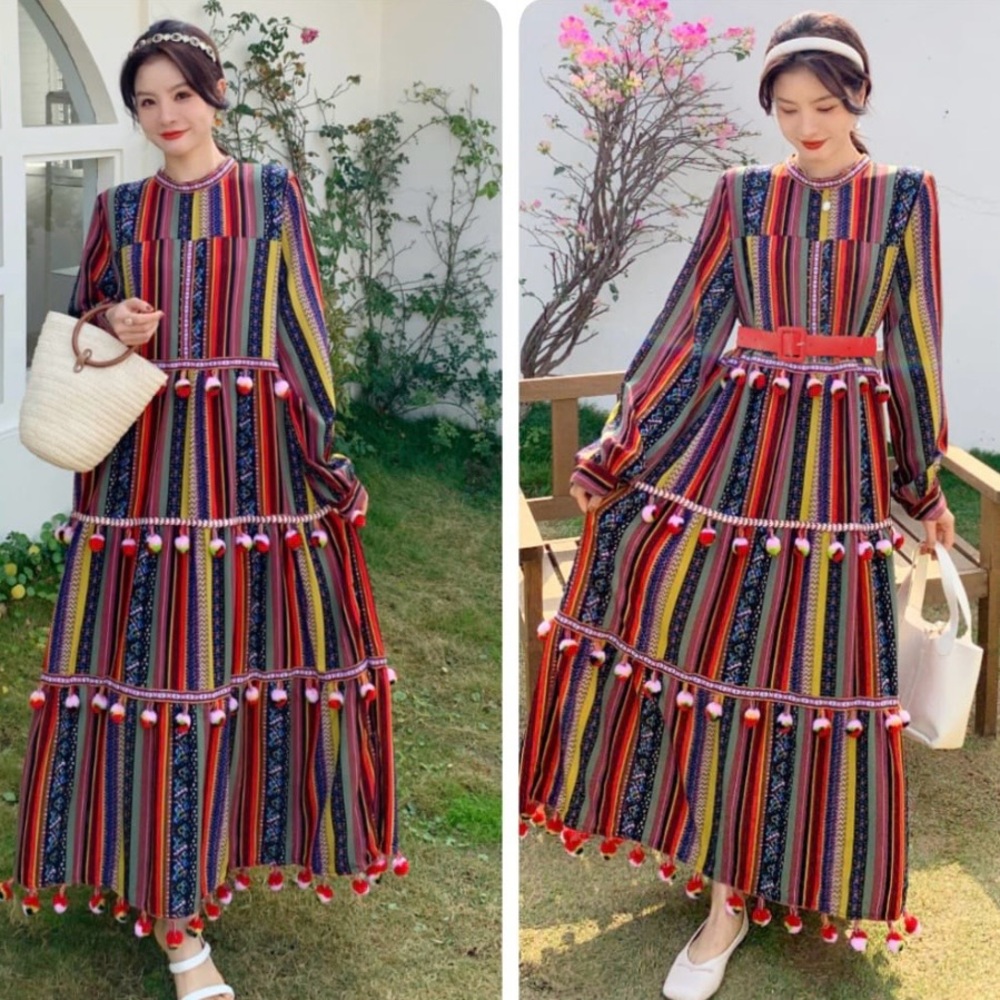 Zara Woman Multi Stripe Boho Gypsy Pompoms Festival Maxi Dress XS.